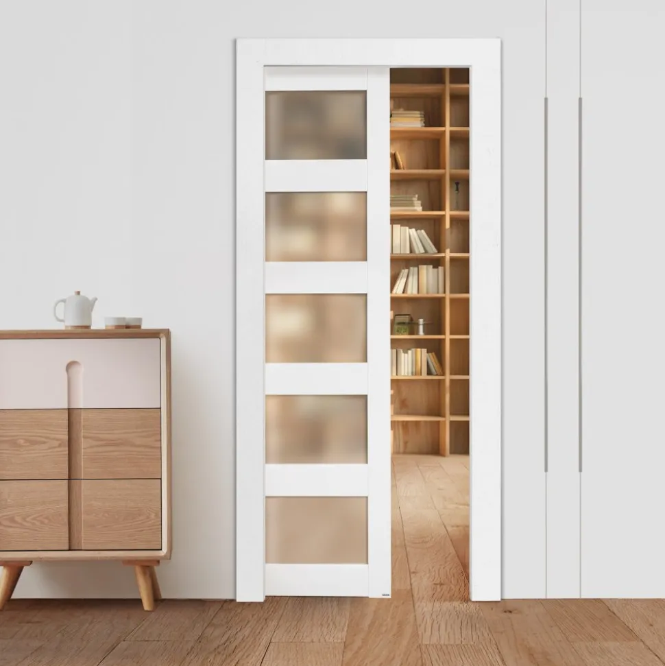VEVOR Sliding Pocket Door, 36" x 80", 5-Lite Frosted Glass Single Sliding Door with Hardware Kit, Sturdy Solid Wood & MDF Pocket Doors Slab with Waterproof Surface for Bedroom Kitchen Study Room