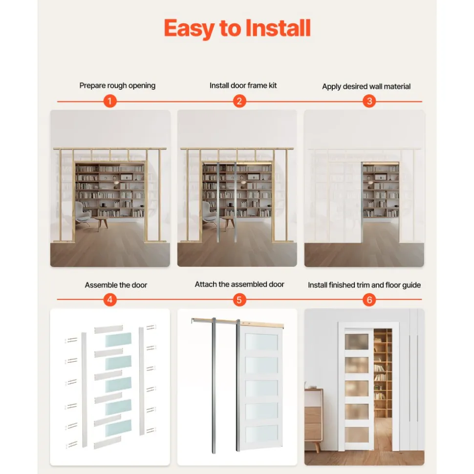VEVOR Sliding Pocket Door, 36" x 80", 5-Lite Frosted Glass Single Sliding Door with Hardware Kit, Sturdy Solid Wood & MDF Pocket Doors Slab with Waterproof Surface for Bedroom Kitchen Study Room