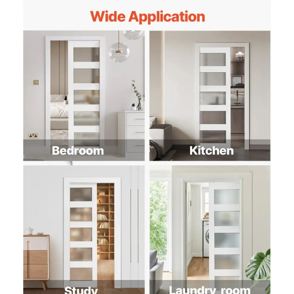 VEVOR Sliding Pocket Door, 36" x 80", 5-Lite Frosted Glass Single Sliding Door with Hardware Kit, Sturdy Solid Wood & MDF Pocket Doors Slab with Waterproof Surface for Bedroom Kitchen Study Room