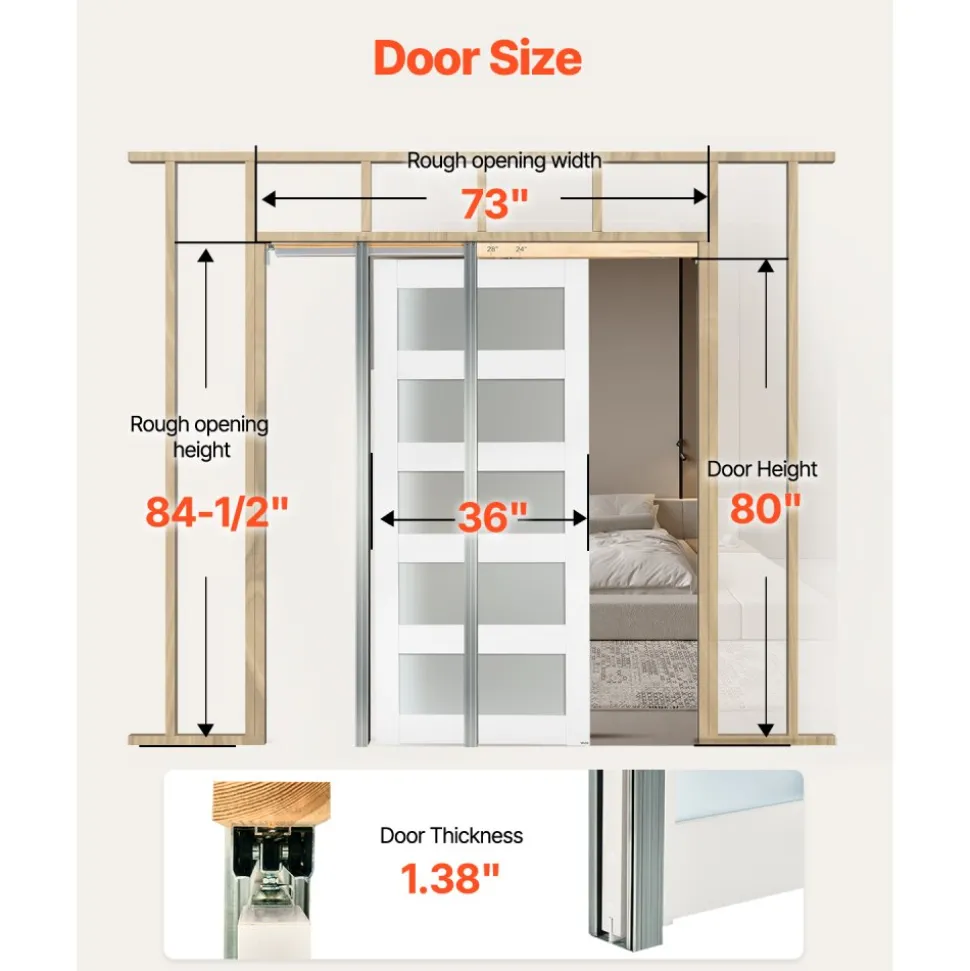 VEVOR Sliding Pocket Door, 36" x 80", 5-Lite Frosted Glass Single Sliding Door with Hardware Kit, Sturdy Solid Wood & MDF Pocket Doors Slab with Waterproof Surface for Bedroom Kitchen Study Room