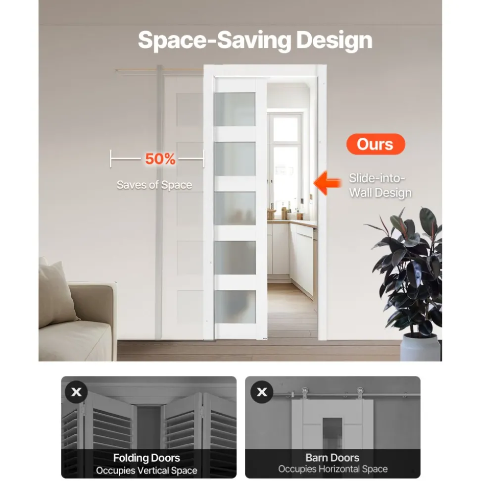 VEVOR Sliding Pocket Door, 36" x 80", 5-Lite Frosted Glass Single Sliding Door with Hardware Kit, Sturdy Solid Wood & MDF Pocket Doors Slab with Waterproof Surface for Bedroom Kitchen Study Room