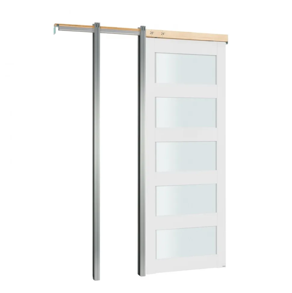 VEVOR Sliding Pocket Door, 36" x 80", 5-Lite Frosted Glass Single Sliding Door with Hardware Kit, Sturdy Solid Wood & MDF Pocket Doors Slab with Waterproof Surface for Bedroom Kitchen Study Room