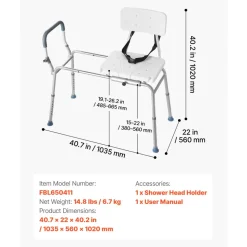 VEVOR Sliding Shower Chair, 400 lbs Capacity Tub Transfer Bench for Bathtub, Heavy Duty Shower Bench with Arms and Backrest, Height Adjustable Seat for Handicap, Adults, Seniors, Elderly and Disabled