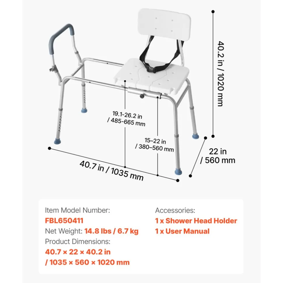 VEVOR Sliding Shower Chair, 400 lbs Capacity Tub Transfer Bench for Bathtub, Heavy Duty Shower Bench with Arms and Backrest, Height Adjustable Seat for Handicap, Adults, Seniors, Elderly and Disabled