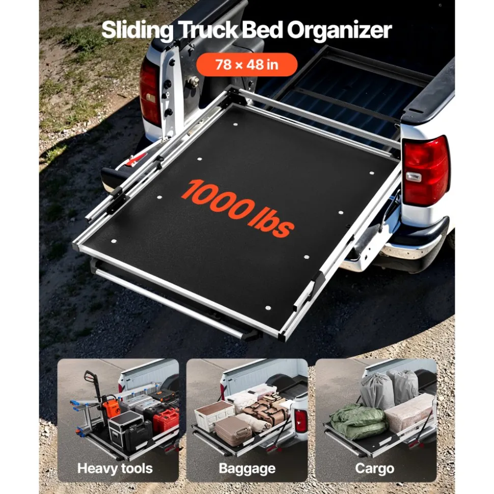 VEVOR Sliding Truck Bed Organizer, 78 x 48-Inch Heavy Duty Truck Bed Storage Drawer with 1000 lbs Capacity, Features 6 Movable Rings for Securing, 2-Postion Slide out Tray for Pickup Trucks, Black