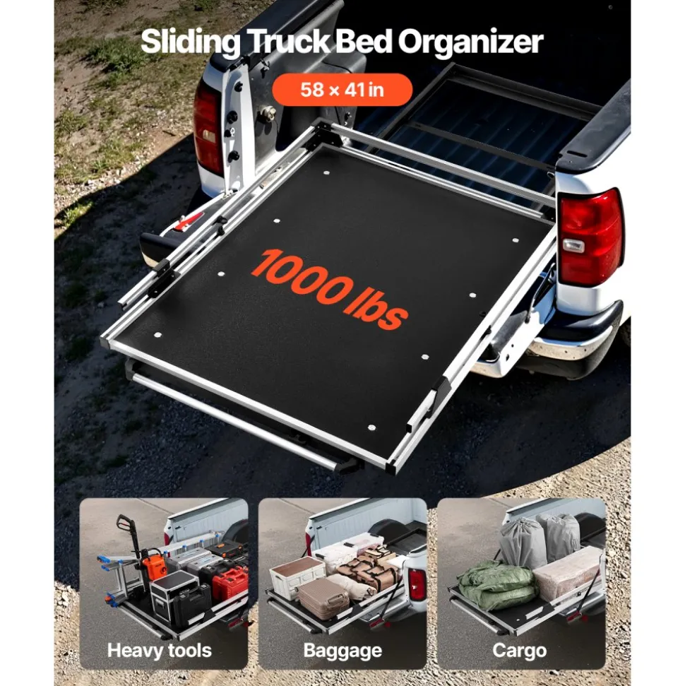 VEVOR Sliding Truck Bed Organizer, 58 x 41-Inch Heavy Duty Truck Bed Storage Drawer with 1000 lbs Capacity, Features 6 Movable Rings for Securing, 2-Postion Slide out Tray for Pickup Trucks, Black