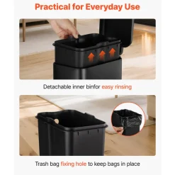 VEVOR Slim Bathroom Trash Can, 11.4 x 5.71 x 10.7 Inch Small Bedroom Trashcan with Step Pedal & Soft Close Lid, 6L Steel Garbage Can with Detachable Inner Bin, for Kitchen, Home, Dorm, Office, Black