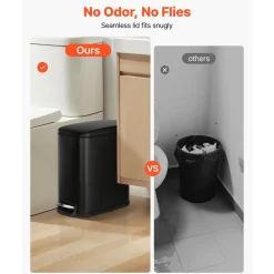 VEVOR Slim Bathroom Trash Can, 11.4 x 5.71 x 10.7 Inch Small Bedroom Trashcan with Step Pedal & Soft Close Lid, 6L Steel Garbage Can with Detachable Inner Bin, for Kitchen, Home, Dorm, Office, Black