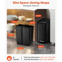 VEVOR Slim Bathroom Trash Can, 11.4 x 5.71 x 10.7 Inch Small Bedroom Trashcan with Step Pedal & Soft Close Lid, 6L Steel Garbage Can with Detachable Inner Bin, for Kitchen, Home, Dorm, Office, Black