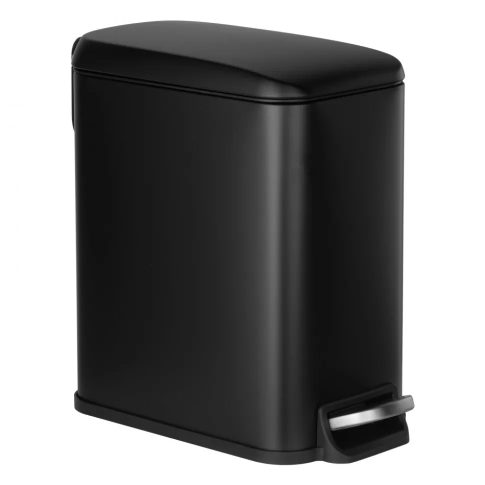 VEVOR Slim Bathroom Trash Can, 11.4 x 5.71 x 10.7 Inch Small Bedroom Trashcan with Step Pedal & Soft Close Lid, 6L Steel Garbage Can with Detachable Inner Bin, for Kitchen, Home, Dorm, Office, Black