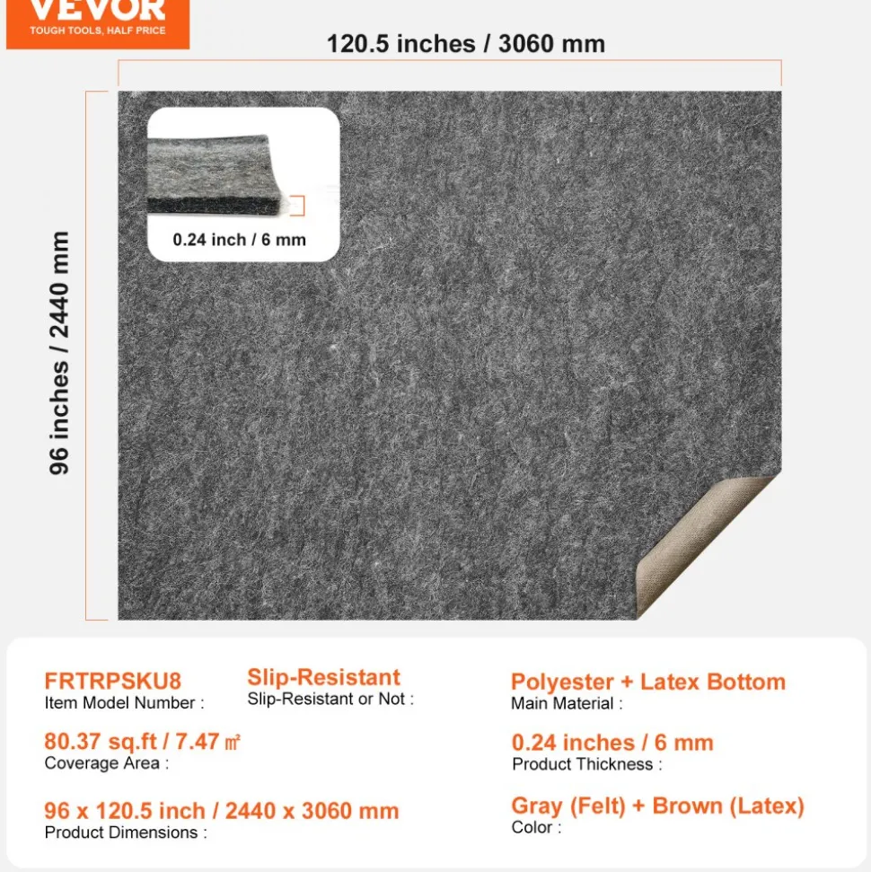 VEVOR - Slip-Resistant Rug Pad - Protective Cushioning Carpet Pad - 8' x 10' - 1/4"Thick - Dual Surface - Polyester Felt + Latex - Gray - 7-8㎡ Area Carpet Padding Rug Cushion Safe for All Floors