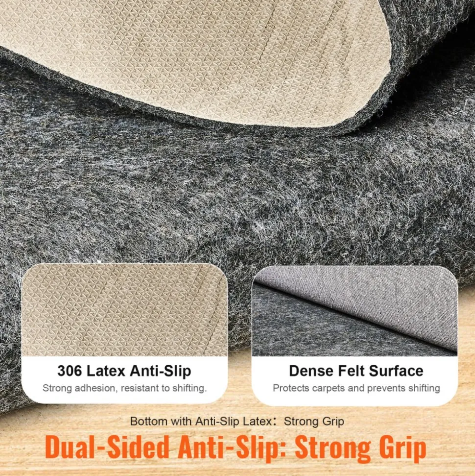 VEVOR - Slip-Resistant Rug Pad - Protective Cushioning Carpet Pad - 5' x 8' - 1/4"Thick - Dual Surface - Polyester Felt + Latex - Gray - 3-4㎡ Area Carpet Padding Rug Cushion Safe for All Floors