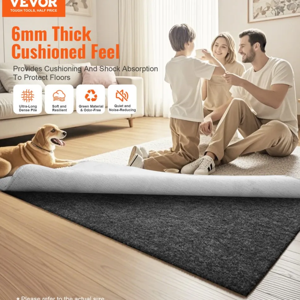 VEVOR - Slip-Resistant Rug Pad - Protective Cushioning Carpet Pad - 5' x 8' - 1/4"Thick - Dual Surface - Polyester Felt + Latex - Gray - 3-4㎡ Area Carpet Padding Rug Cushion Safe for All Floors