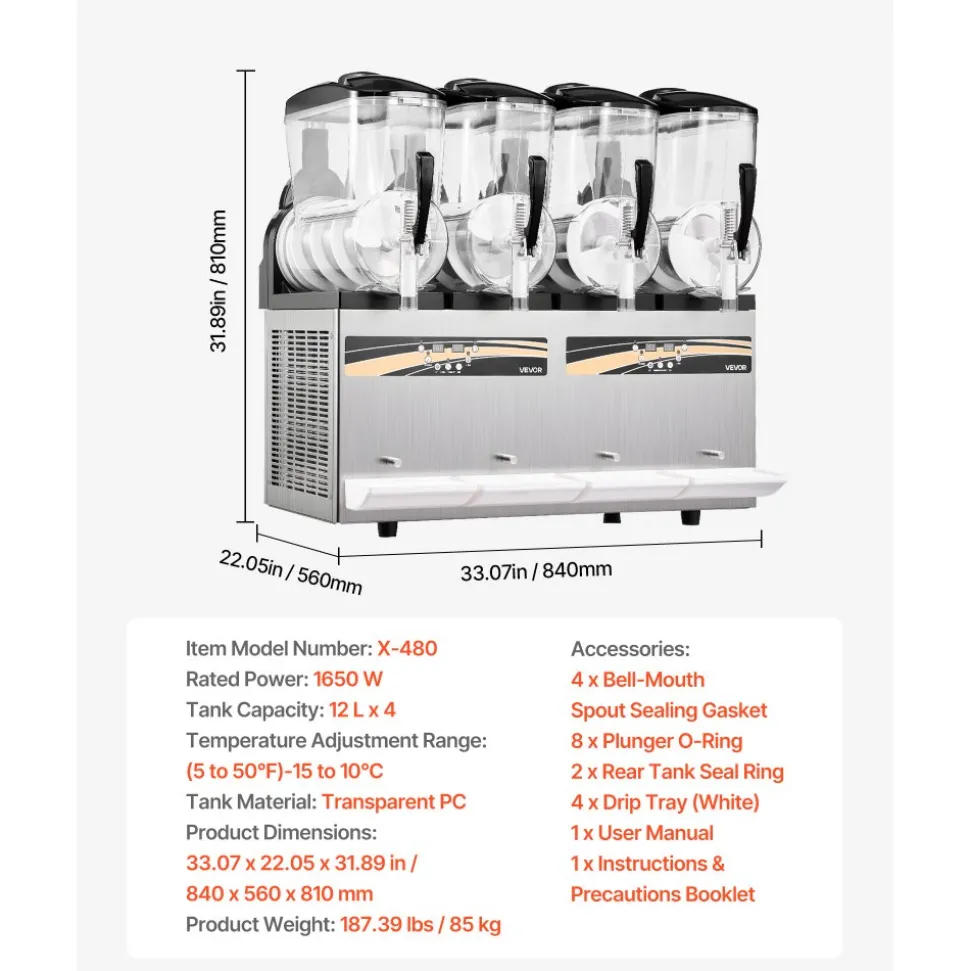 VEVOR Slushie Machine, 12L/3.17Gal x 4 Tank Commercial Slushy Maker, Frozen Drink Maker with Self-Cleaning, Margarita Machine for Restaurants Bars Party for Slushie, Margaritas, Milkshake & More