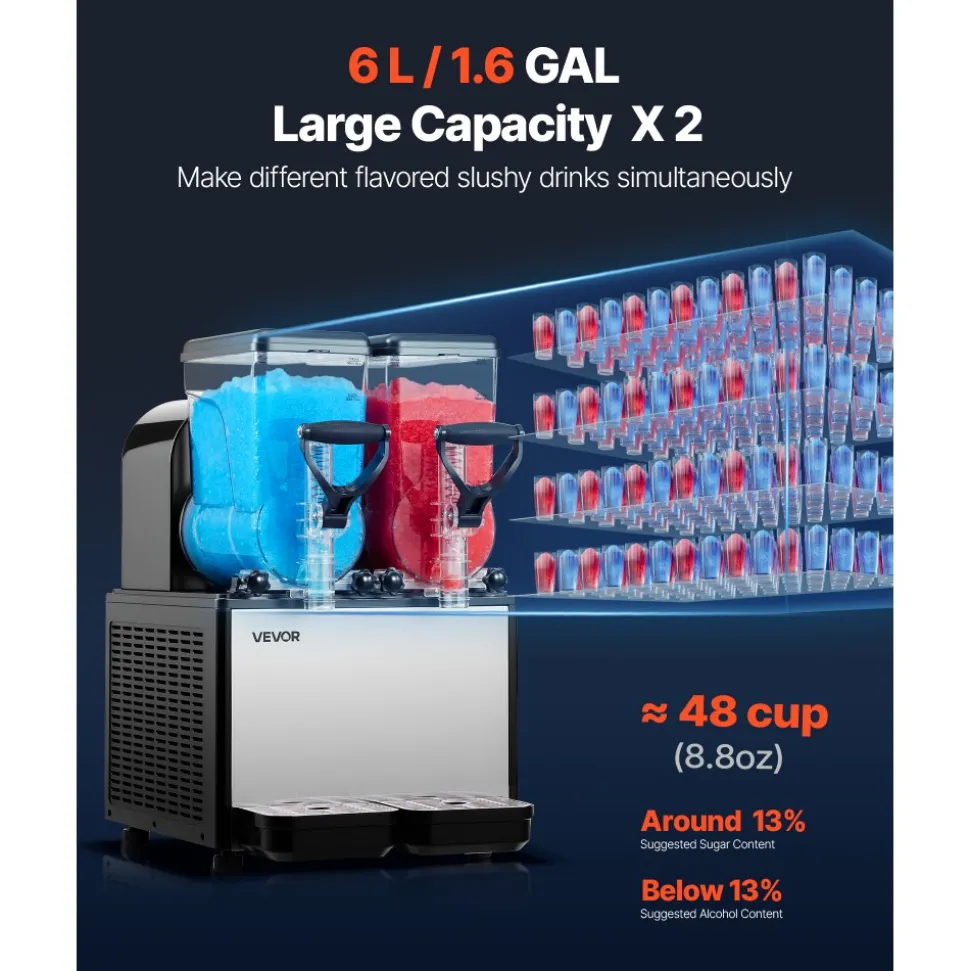 VEVOR Slushie Machine, 6L/1.6Gal x 2 Tank Commercial Slushy Maker, Frozen Drink Maker with Self-Cleaning, Margarita Machine for Restaurants Bars Party for Slushie, Margaritas, Milkshake & More