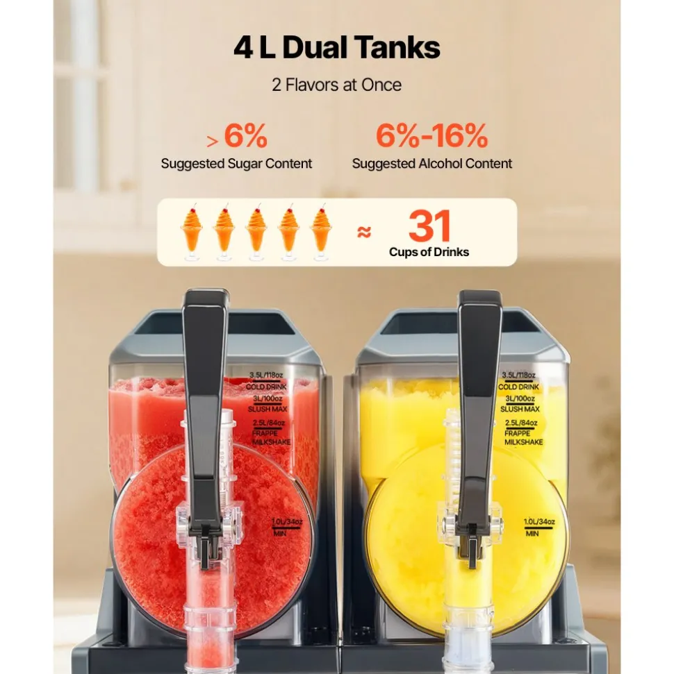 VEVOR Slushie Machine, 4L/135oz x 2 Tank Slushy Machine for Home, No Ice Needed Frozen Drink Maker, Margarita Maker with Self-Cleaning, for Frozen Margaritas, Frappés, Milkshake & More