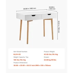 VEVOR Small Desk with Drawers, Kids Desk for Bedroom, Wooden Simple Study Table for Drawing, Reading, Writing, Rectangle MDF Furniture Study Storage Table for Home, Office, White + Wood