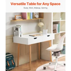 VEVOR Small Desk with Drawers, Kids Desk for Bedroom, Wooden Simple Study Table for Drawing, Reading, Writing, Rectangle MDF Furniture Study Storage Table for Home, Office, White + Wood