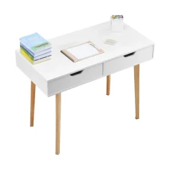 VEVOR Small Desk with Drawers, Kids Desk for Bedroom, Wooden Simple Study Table for Drawing, Reading, Writing, Rectangle MDF Furniture Study Storage Table for Home, Office, White + Wood