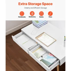 VEVOR Small Desk with Drawers, Kids Desk for Bedroom, Wooden Simple Study Table for Drawing, Reading, Writing, Rectangle MDF Furniture Study Storage Table for Home, Office, White + Wood