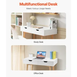 VEVOR Small Desk with Drawers, Kids Desk for Bedroom, Wooden Simple Study Table for Drawing, Reading, Writing, Rectangle MDF Furniture Study Storage Table for Home, Office, White + Wood