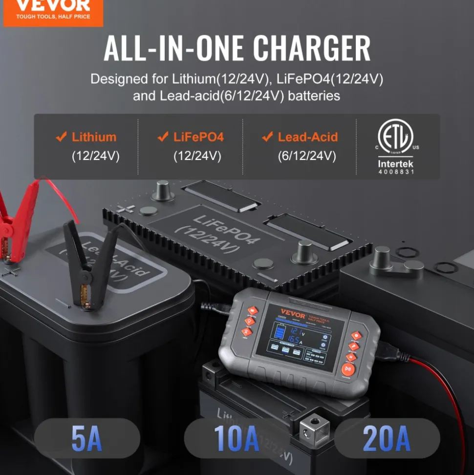 VEVOR Smart Battery Charger, 20-Amp, Lithium LiFePO4 Lead-Acid (AGM / Gel / SLA) Car Battery Charger with LCD Display, Trickle Charger Maintainer Desulfator for Boat Motorcycle Lawn Mower Deep Cycle