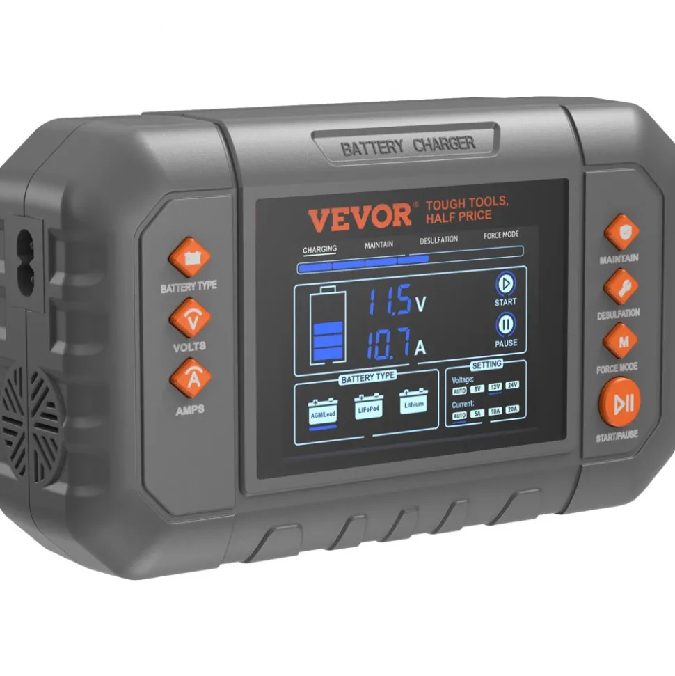 VEVOR Smart Battery Charger, 20-Amp, Lithium LiFePO4 Lead-Acid (AGM / Gel / SLA) Car Battery Charger with LCD Display, Trickle Charger Maintainer Desulfator for Boat Motorcycle Lawn Mower Deep Cycle
