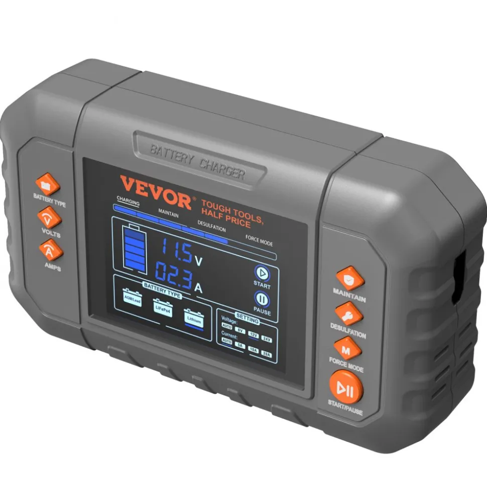 VEVOR Smart Battery Charger, 20-Amp, Lithium LiFePO4 Lead-Acid (AGM / Gel / SLA) Car Battery Charger with LCD Display, Trickle Charger Maintainer Desulfator for Boat Motorcycle Lawn Mower Deep Cycle