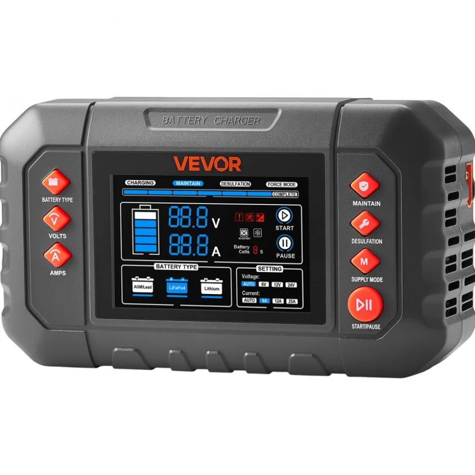 VEVOR Smart Battery Charger, 25A, 6V 12V 24V Ternary Lithium LiFePO4 Lead-Acid (Gel/AGM) Battery Charger, with 3.4-Inch LCD Display, Trickle Charging Maintainer Desulfator, for Car, Boat, Motorcycle