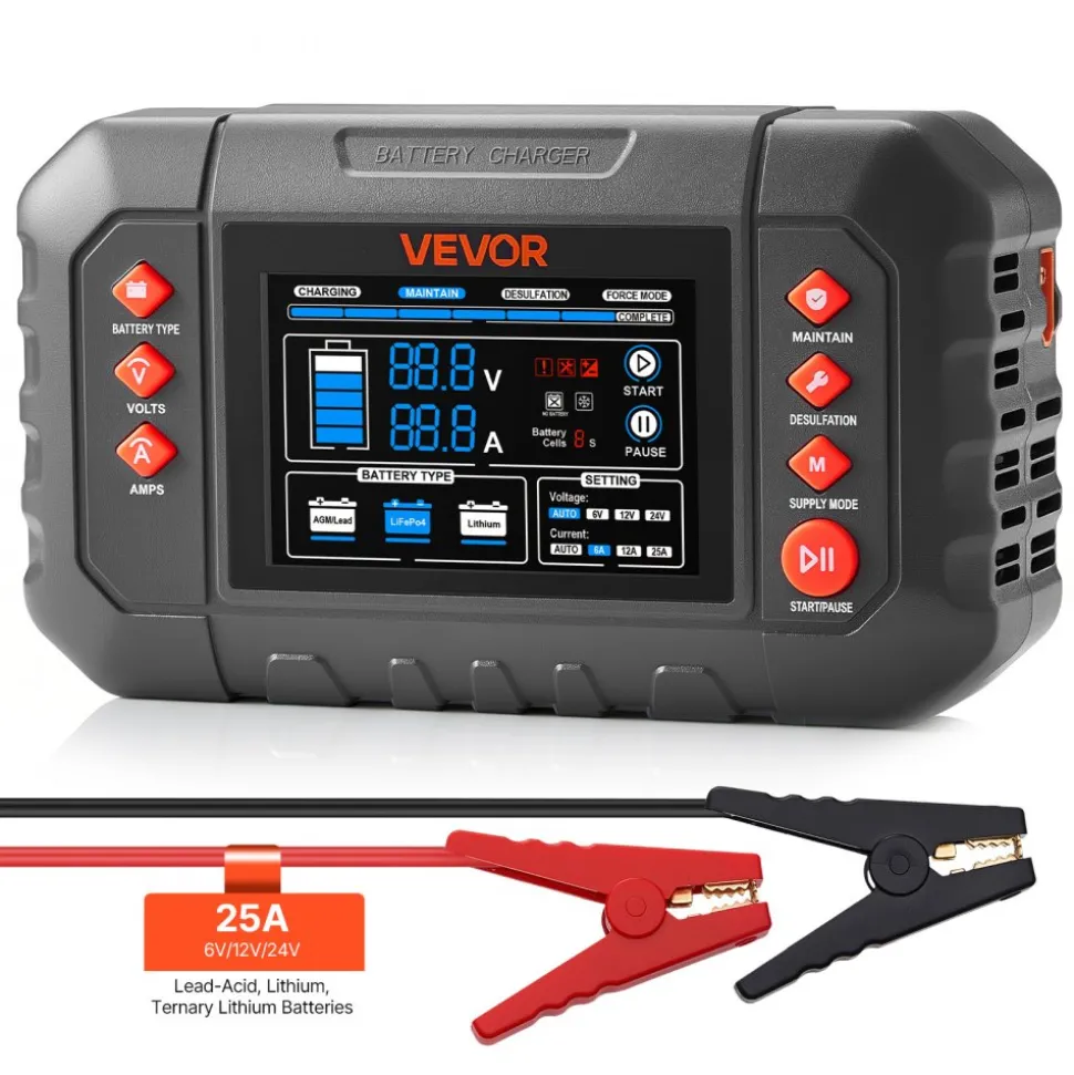 VEVOR Smart Battery Charger, 25A, 6V 12V 24V Ternary Lithium LiFePO4 Lead-Acid (Gel/AGM) Battery Charger, with 3.4-Inch LCD Display, Trickle Charging Maintainer Desulfator, for Car, Boat, Motorcycle