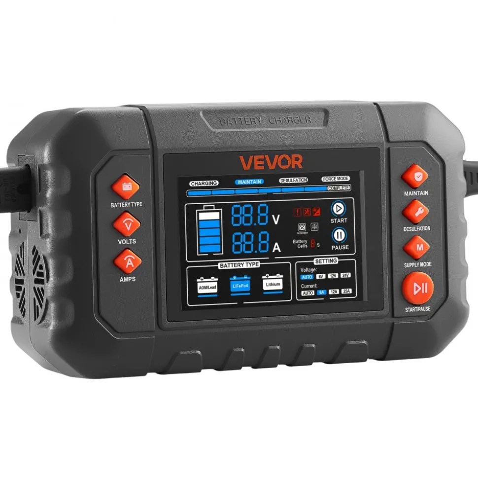 VEVOR Smart Battery Charger, 25A, 6V 12V 24V Ternary Lithium LiFePO4 Lead-Acid (Gel/AGM) Battery Charger, with 3.4-Inch LCD Display, Trickle Charging Maintainer Desulfator, for Car, Boat, Motorcycle