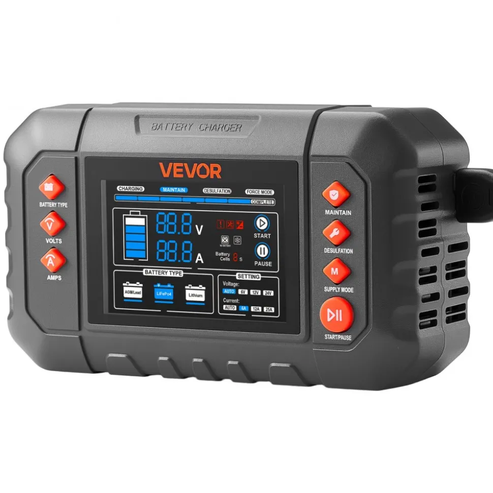 VEVOR Smart Battery Charger, 25A, 6V 12V 24V Ternary Lithium LiFePO4 Lead-Acid (Gel/AGM) Battery Charger, with 3.4-Inch LCD Display, Trickle Charging Maintainer Desulfator, for Car, Boat, Motorcycle