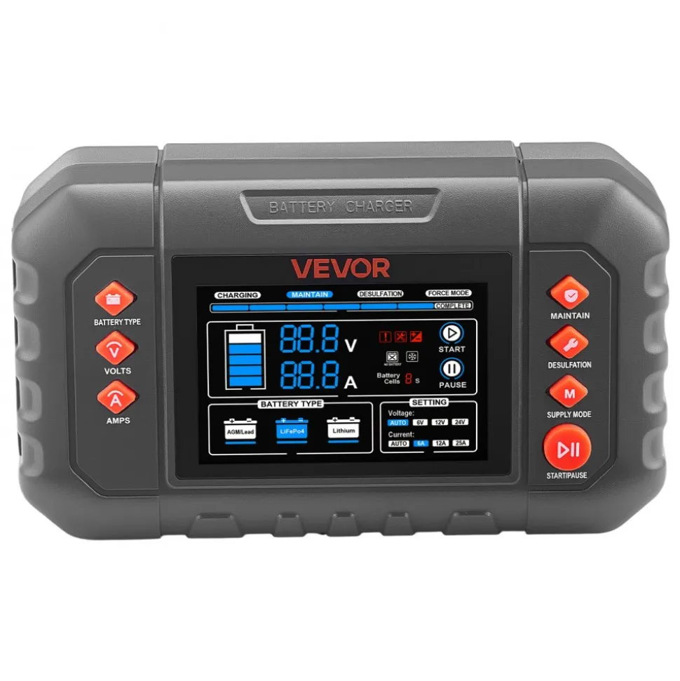 VEVOR Smart Battery Charger, 25A, 6V 12V 24V Ternary Lithium LiFePO4 Lead-Acid (Gel/AGM) Battery Charger, with 3.4-Inch LCD Display, Trickle Charging Maintainer Desulfator, for Car, Boat, Motorcycle
