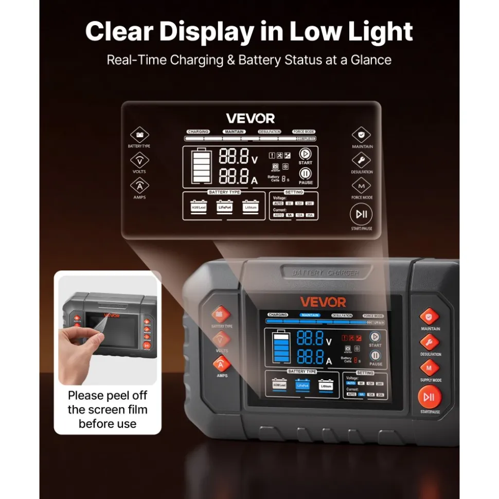 VEVOR Smart Battery Charger, 25A, 6V 12V 24V Ternary Lithium LiFePO4 Lead-Acid (Gel/AGM) Battery Charger, with 3.4-Inch LCD Display, Trickle Charging Maintainer Desulfator, for Car, Boat, Motorcycle