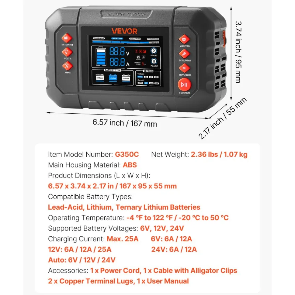 VEVOR Smart Battery Charger, 25A, 6V 12V 24V Ternary Lithium LiFePO4 Lead-Acid (Gel/AGM) Battery Charger, with 3.4-Inch LCD Display, Trickle Charging Maintainer Desulfator, for Car, Boat, Motorcycle