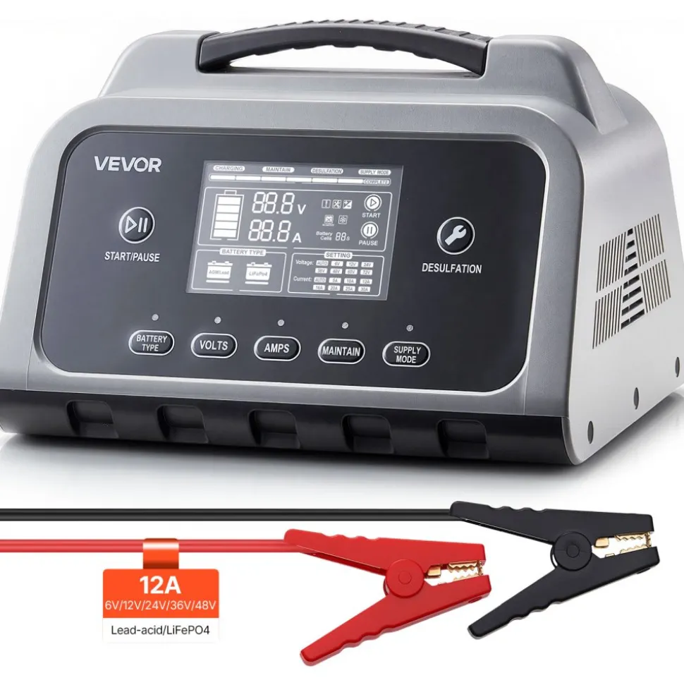 VEVOR Smart Battery Charger, 12A, 6V 12V 24V 36V 48V Lithium LiFePO4 Lead-Acid (Gel / AGM) Car Battery Charger, with LCD Display, Trickle Charging Maintainer Desulfator, for Car, Boat, Motorcycle