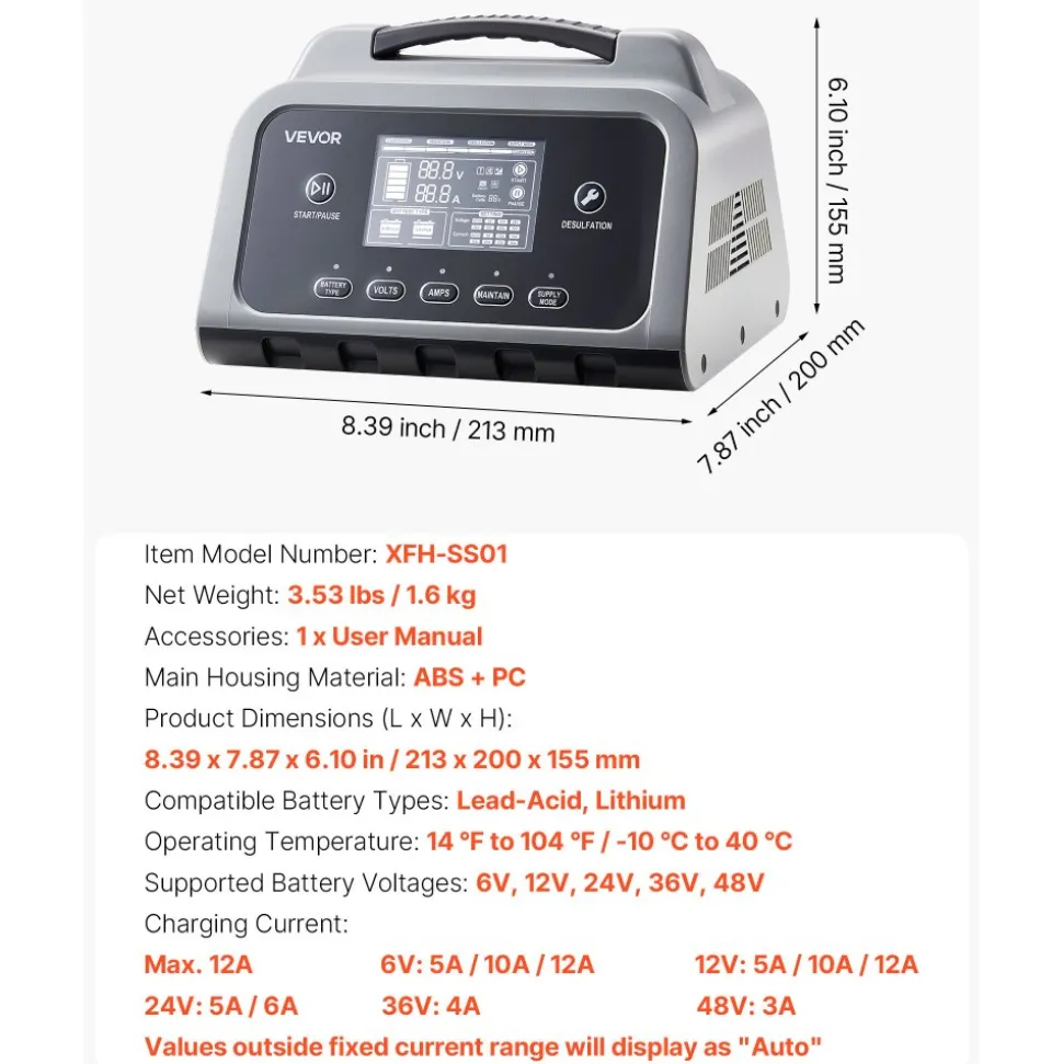 VEVOR Smart Battery Charger, 12A, 6V 12V 24V 36V 48V Lithium LiFePO4 Lead-Acid (Gel / AGM) Car Battery Charger, with LCD Display, Trickle Charging Maintainer Desulfator, for Car, Boat, Motorcycle