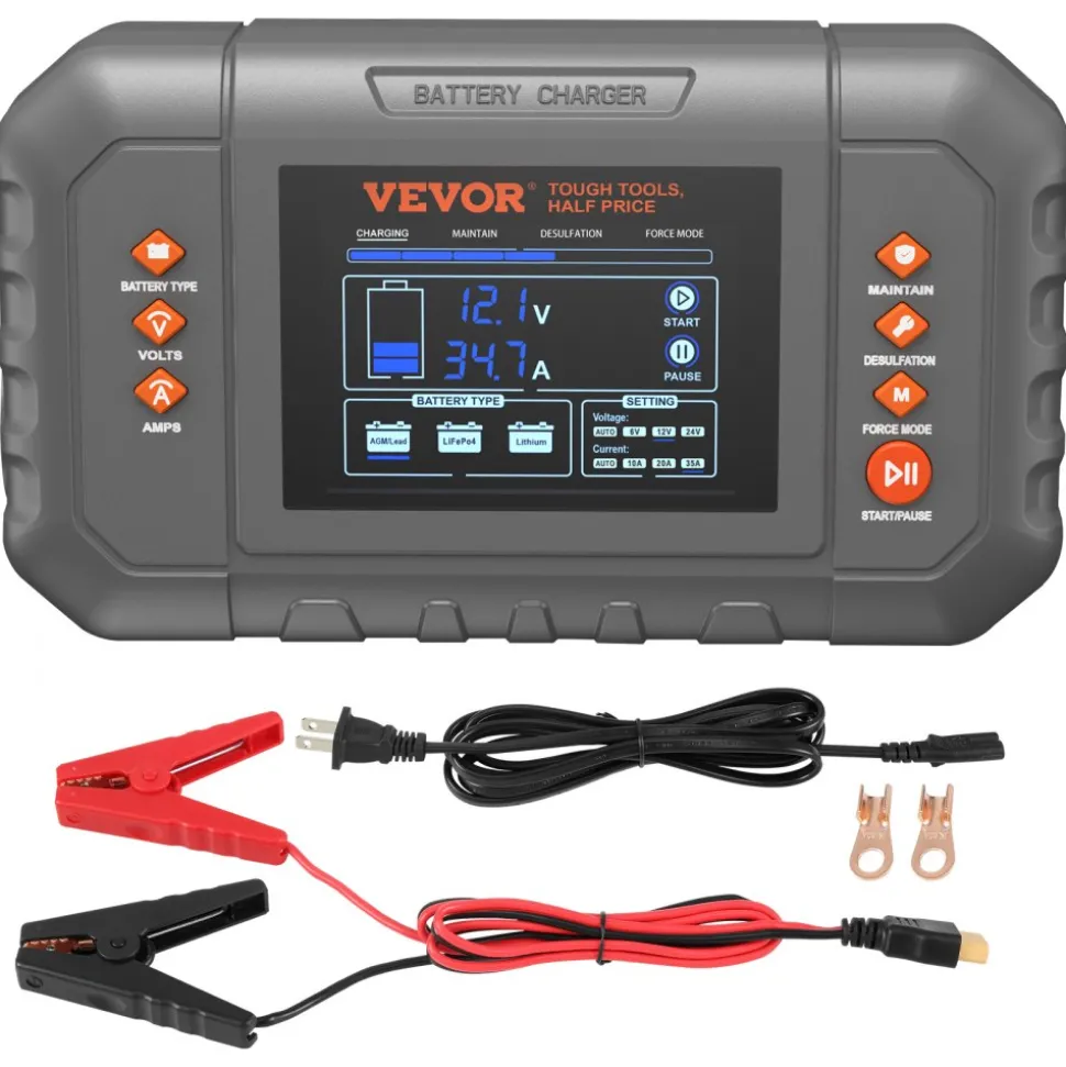 VEVOR Smart Battery Charger, 35-Amp, Lithium LiFePO4 Lead-Acid (AGM / Gel / SLA) Car Battery Charger with LCD Display, Trickle Charger Maintainer Desulfator for Boat Motorcycle Lawn Mower Deep Cycle