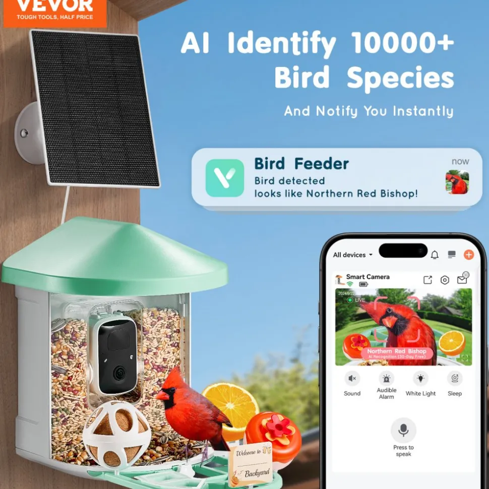 VEVOR Smart Bird Feeder with Camera, 2K HD AI Identify 10,000+ Bird Species, Solar-Powered Bird Watching Camera with Auto Capture & Instant Notify, Wireless Outdoor Ideal Gift for Bird Lovers (Green)