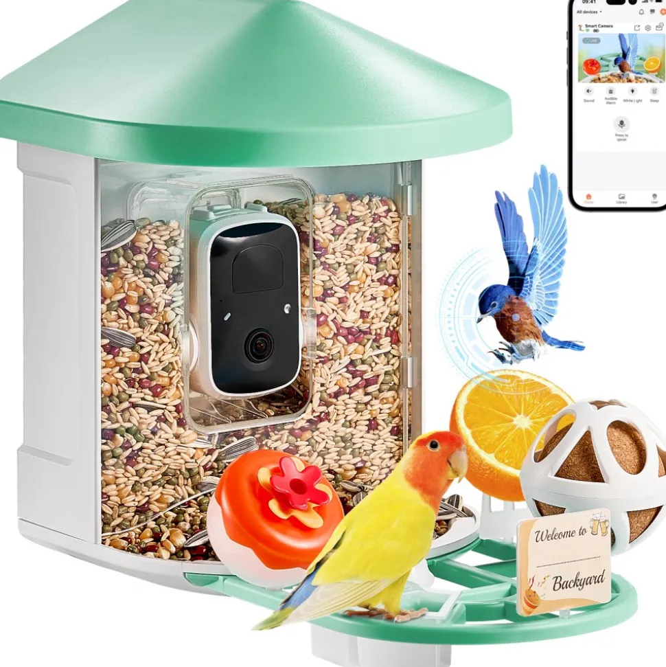 VEVOR Smart Bird Feeder with Camera, 2K HD AI Identify 10,000+ Bird Species, Solar-Powered Bird Watching Camera with Auto Capture & Instant Notify, Wireless Outdoor Ideal Gift for Bird Lovers (Green)
