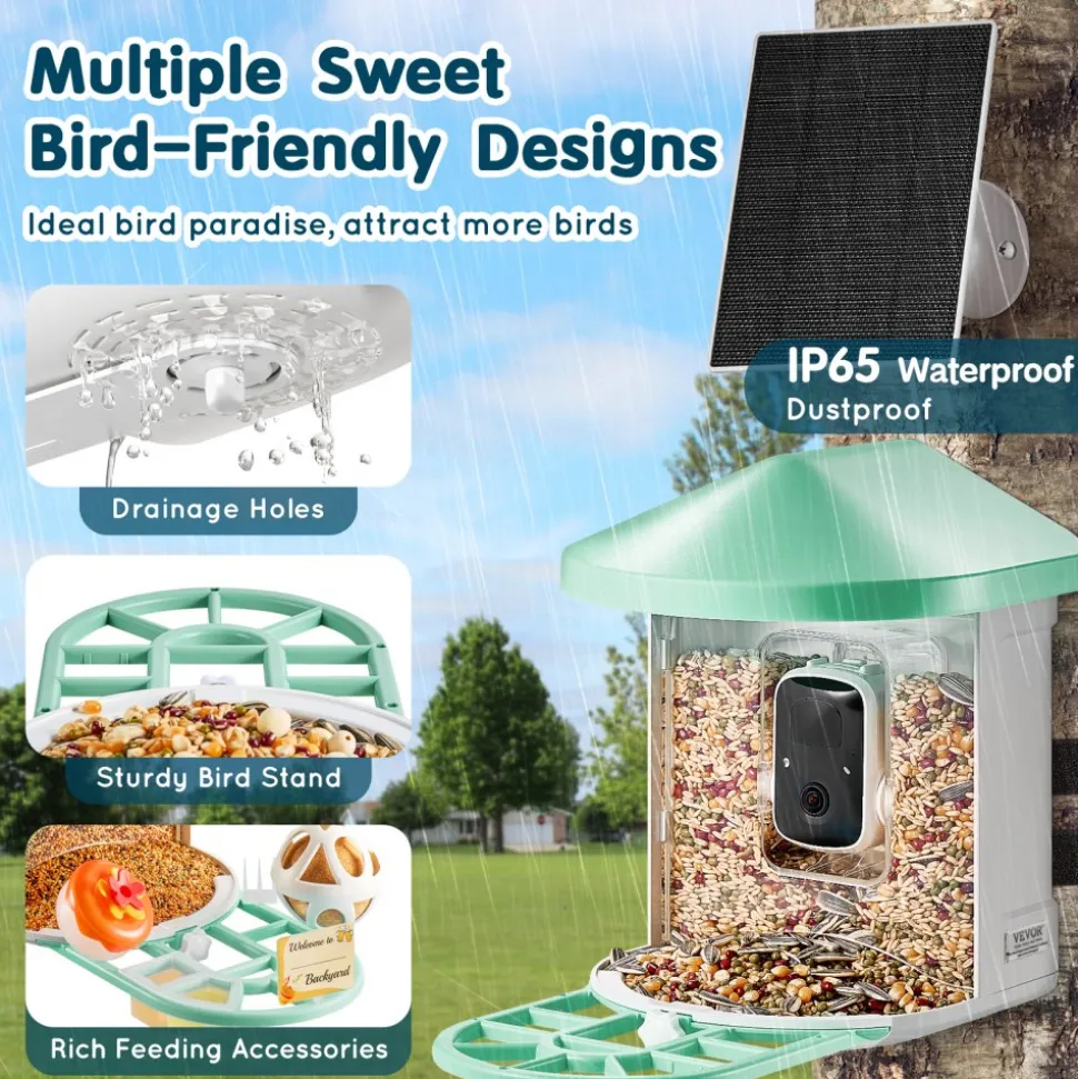 VEVOR Smart Bird Feeder with Camera, 2K HD AI Identify 10,000+ Bird Species, Solar-Powered Bird Watching Camera with Auto Capture & Instant Notify, Wireless Outdoor Ideal Gift for Bird Lovers (Green)