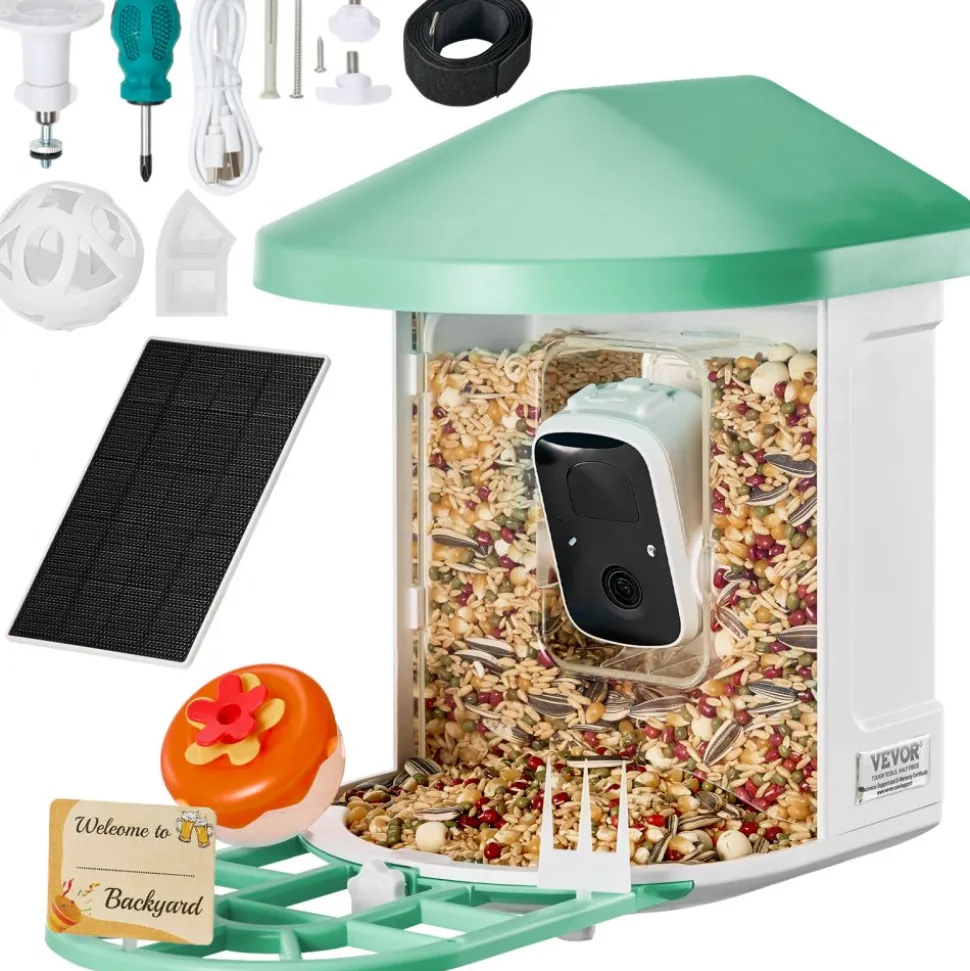 VEVOR Smart Bird Feeder with Camera, 2K HD AI Identify 10,000+ Bird Species, Solar-Powered Bird Watching Camera with Auto Capture & Instant Notify, Wireless Outdoor Ideal Gift for Bird Lovers (Green)
