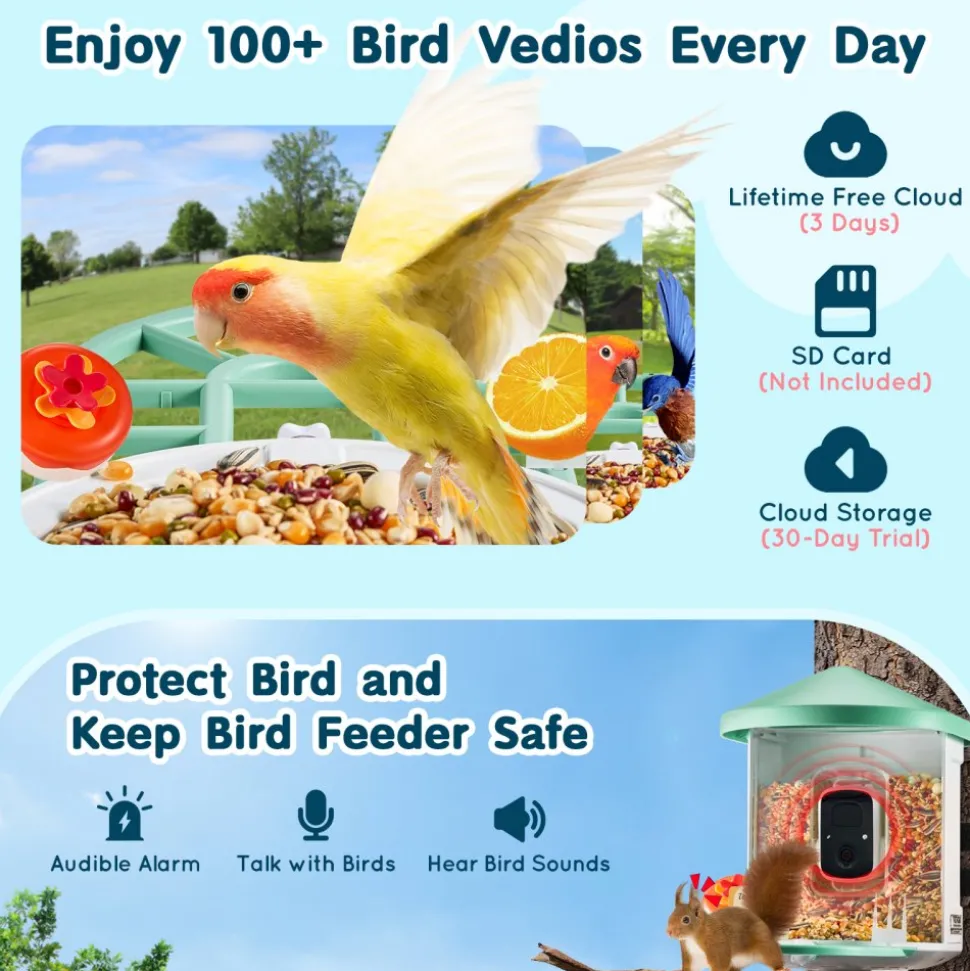 VEVOR Smart Bird Feeder with Camera, 2K HD AI Identify 10,000+ Bird Species, Solar-Powered Bird Watching Camera with Auto Capture & Instant Notify, Wireless Outdoor Ideal Gift for Bird Lovers (Green)
