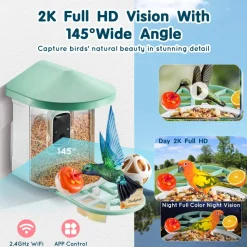 VEVOR Smart Bird Feeder with Camera, 2K HD AI Identify 10,000+ Bird Species, Solar-Powered Bird Watching Camera with Auto Capture & Instant Notify, Wireless Outdoor Ideal Gift for Bird Lovers (Green)