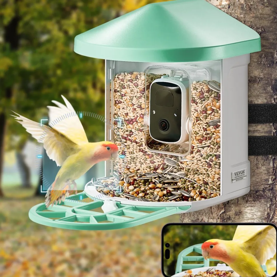 VEVOR Smart Bird Feeder with Camera, 2K HD AI Identify 10,000+ Bird Species, Solar-Powered Bird Watching Camera with Auto Capture & Instant Notify, Wireless Outdoor Ideal Gift for Bird Lovers (Green)