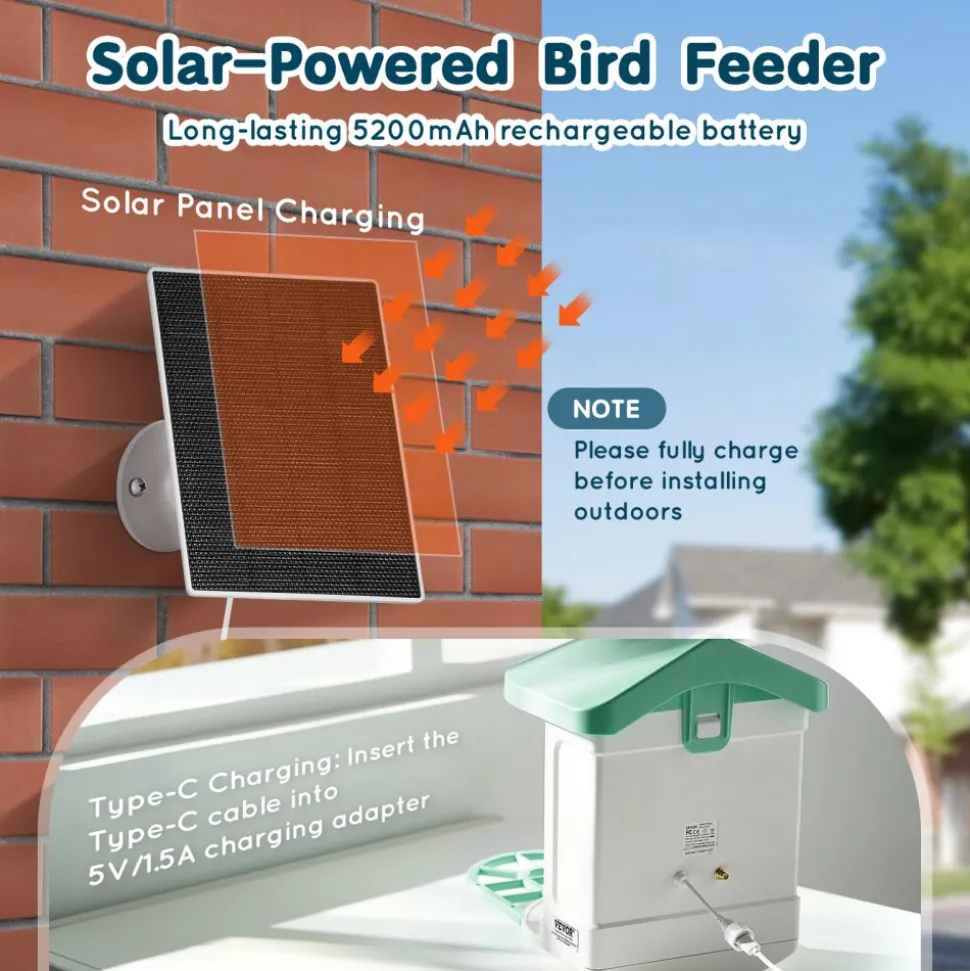 VEVOR Smart Bird Feeder with Camera, 2K HD AI Identify 10,000+ Bird Species, Solar-Powered Bird Watching Camera with Auto Capture & Instant Notify, Wireless Outdoor Ideal Gift for Bird Lovers (Green)