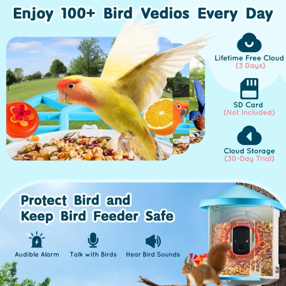 VEVOR Smart Bird Feeder with Camera, 2K HD AI Identify 10000+ Bird Species, Solar-Powered Bird Watching Camera with Auto Capture & Instant Notify, Wireless Outdoor Gift for Bird Lover (2 Solar Panels)
