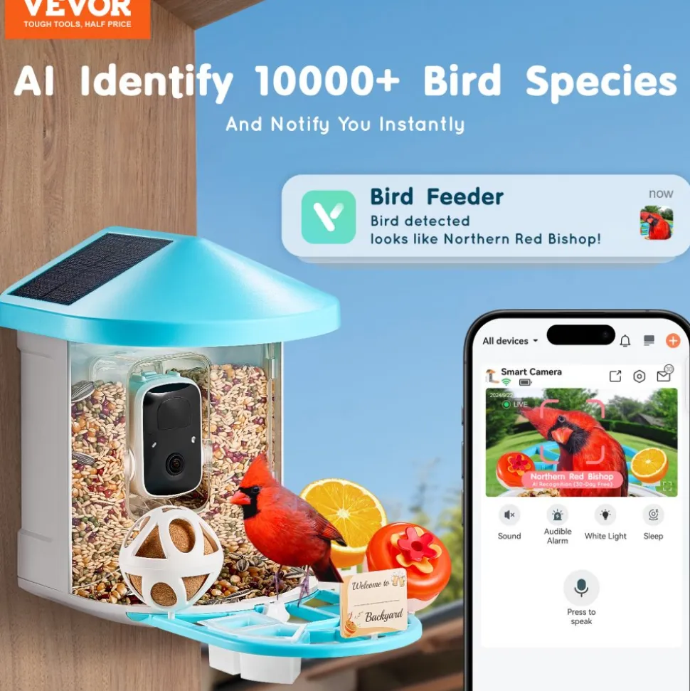 VEVOR Smart Bird Feeder with Camera, 2K HD AI Identify 10000+ Bird Species, Solar-Powered Bird Watching Camera with Auto Capture & Instant Notify, Wireless Outdoor Gift for Bird Lover (2 Solar Panels)