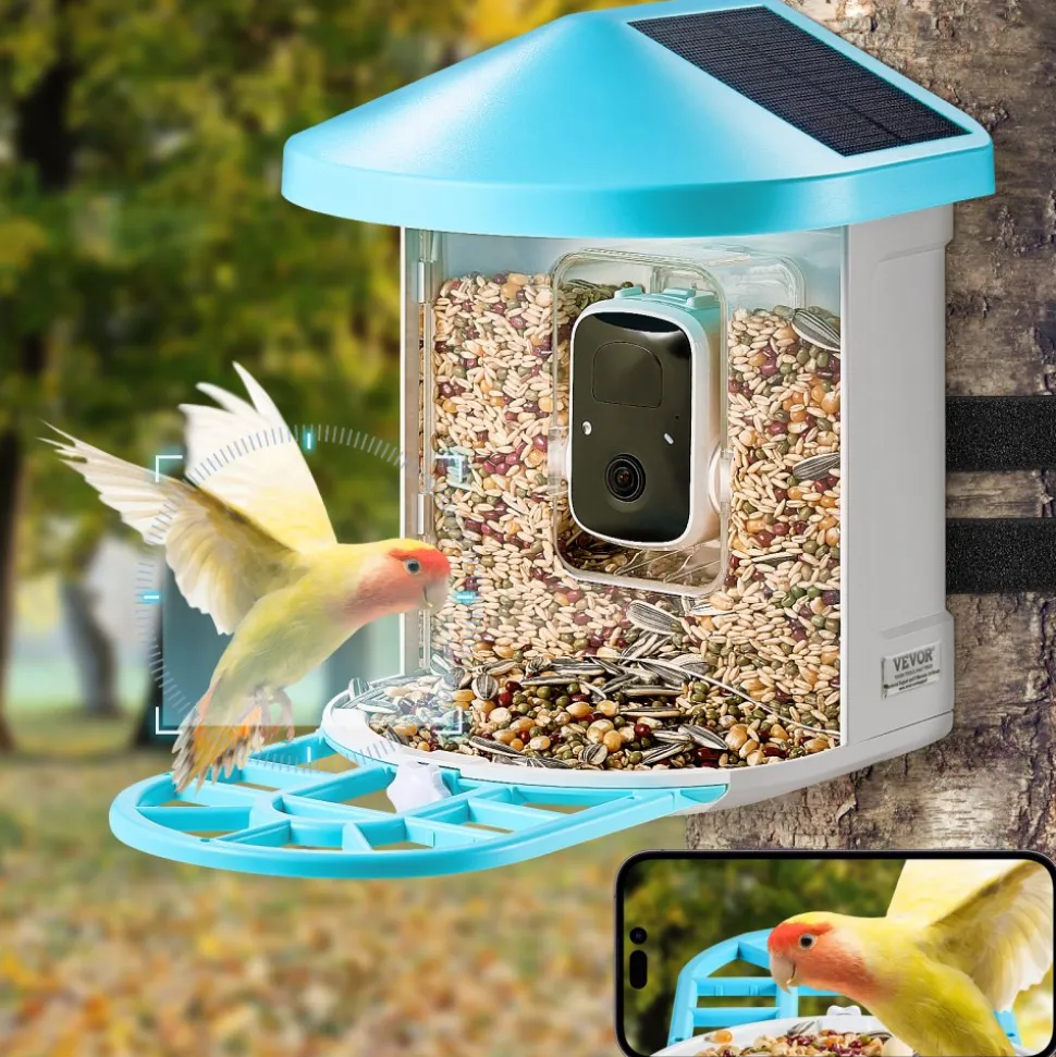 VEVOR Smart Bird Feeder with Camera, 2K HD AI Identify 10000+ Bird Species, Solar-Powered Bird Watching Camera with Auto Capture & Instant Notify, Wireless Outdoor Gift for Bird Lover (2 Solar Panels)