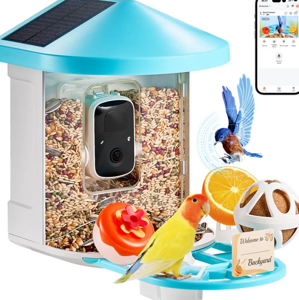 VEVOR Smart Bird Feeder with Camera, 2K HD AI Identify 10000+ Bird Species, Solar-Powered Bird Watching Camera with Auto Capture & Instant Notify, Wireless Outdoor Gift for Bird Lover (3 Solar Panels)